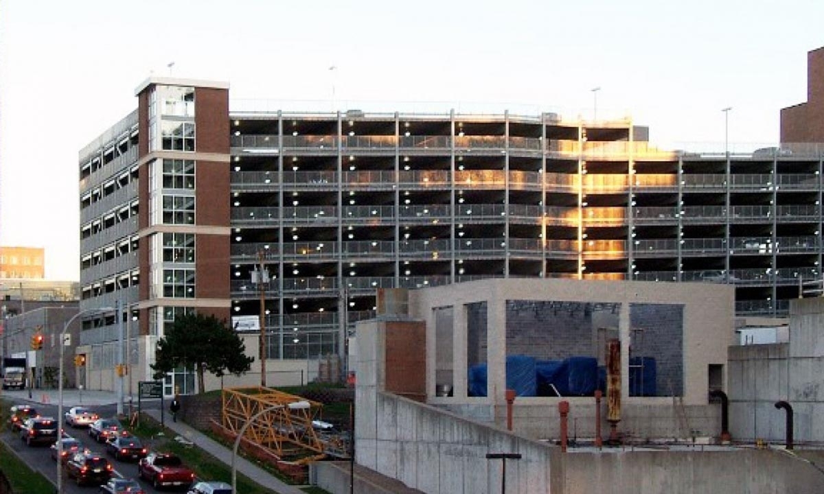 John P. Stopen Crouse Hospital Parking Garage exterior completed