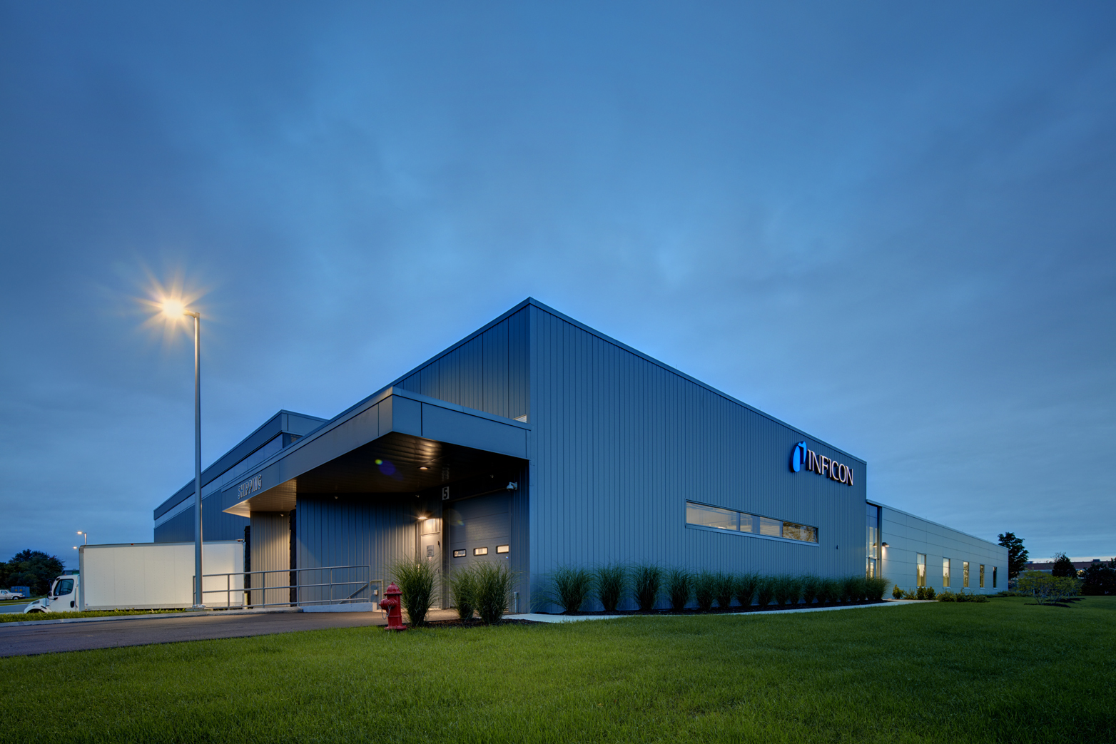 John P. Stopen Inficon Industrial Project exterior at night